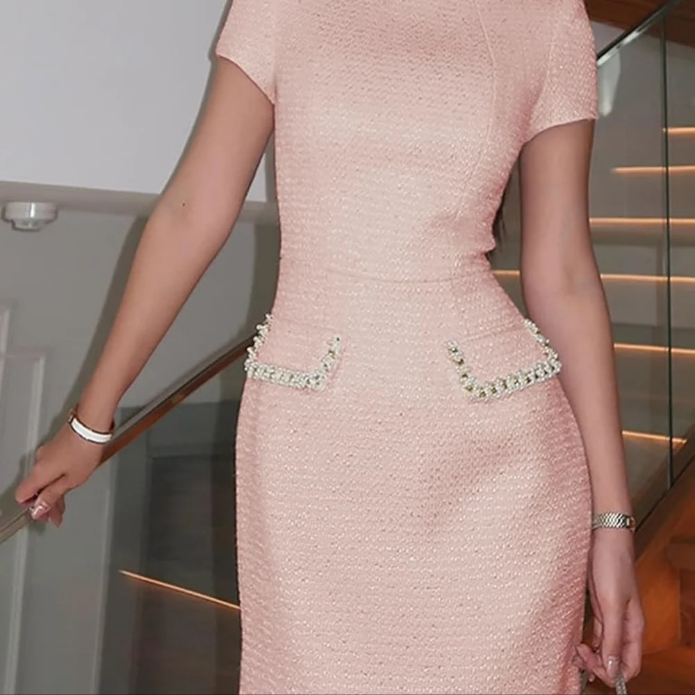 Lefung Pink Tweed Pearl Trim Details Mini Dress High Neck Short Sleeve - Size L - Picture 4 of 7